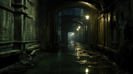 A dark alleyway with water running through it, AI