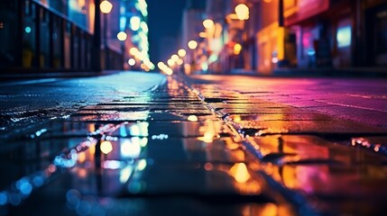 Neon lights and water reflections in a dark city street - abstract night background with blurred bokeh effect - obrazy, fototapety, plakaty