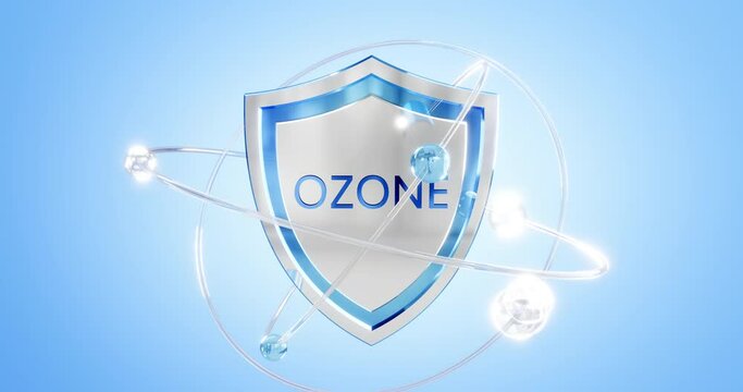 ozone symbol located on a shield with atoms and rotating orbits, 3d rendering, ozone layer protection concept, greenhouse gas trioxygen, o3