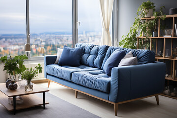 Fototapeta na wymiar blue sofa and white wall in modern living room , ia generated