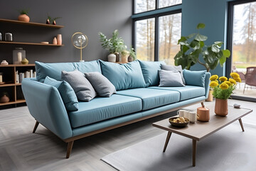 blue sofa and white wall in modern living room , ia generated