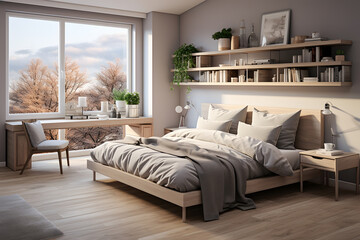 Modern loft bedroom interior design with brick wall and wooden floor. 3d render . ia generated