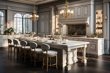 3d render of luxury kitchen and dining room in classic style. ia generated