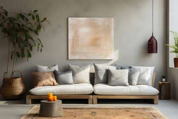 Grey sofa near a beige stucco wall with a frame on the wall. Modern living room. ia generated