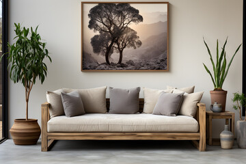 Grey sofa near a beige stucco wall with a frame on the wall. Modern living room. ia generated