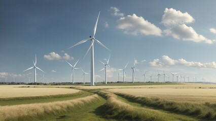 Eco-friendly wind power plants in a field against a beautiful sky