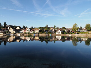 Houses at Rhine River in European STEIN AM RHEIN town in SWITZERLAND