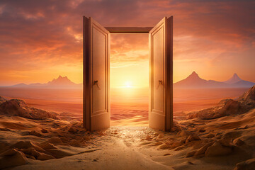 An opened door leading to desert. Path to unknown concept. - obrazy, fototapety, plakaty