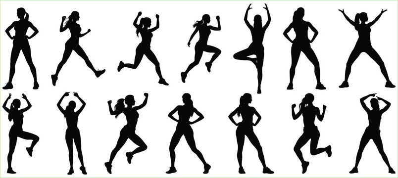 Woman exercising silhouettes icon set