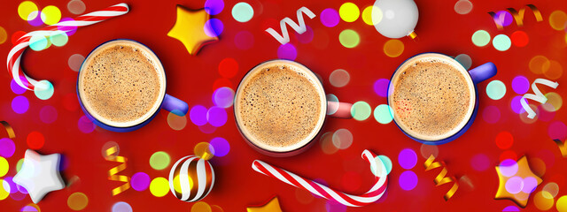 Steaming Christmas coffee cup red background ornaments candy cane creative website banner design...