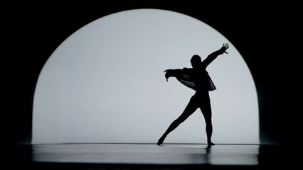 Contrasting silhouette of a young woman performing contemporary dance in the studio. Female figure...