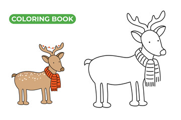 Christmas Deer coloring book. Linear vector illustration of animal with holiday new year decorations. Black and white drawing of stag with winter scarf and festive garland with stars.