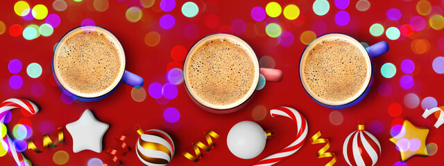 Steaming Christmas coffee cup red background ornaments candy cane creative website banner design Hot chocolate drink mug bokeh lights Cappuccino Cocoa Latte sale.Social media advertising header footer