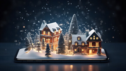 Smartphone with christmas village and snowfall. 3D rendering. Cute miniature christmas winter village. Christmas and New Year concept. Christmas greeting card. - obrazy, fototapety, plakaty