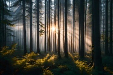 a tranquil, mist-covered forest at sunrise, with the first rays of light filtering through the trees