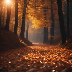 Winding forest path covered in fallen leaves, illuminated by the soft, warm light of the setting sun