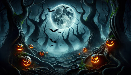 Halloween scene: Dark, misty forest with twisted trees and glowing jack-o'-lanterns scattered around. Bats fly overhead, and a large, eerie full moon illuminates the scene