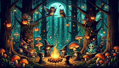 Dark enchanted forest with whimsical creatures like faeries and goblins celebrating Halloween around a bonfire. Glowing mushrooms light up the ground, and an owl watches from a treetop