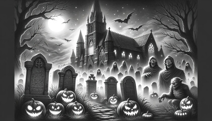 Pencil sketch: Misty graveyard at night. Tombstones stand tall, some illuminated by the soft light of jack-o'-lanterns. In the shadows, figures of werewolves, vampires, and mummies lurk, and an an