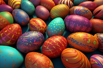 Fototapeta na wymiar Vibrant background with various colored Easter eggs featuring pattern designs. Rendered in 3D. Generative AI