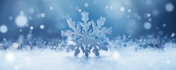 Macro view on snowflake with white winter landscape, panorama banner. Generative Ai.