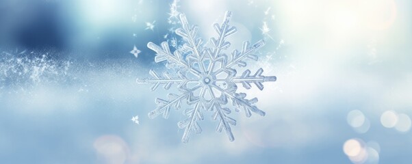 Fototapeta na wymiar Macro view on snowflake with white winter landscape, panorama banner. Generative Ai.
