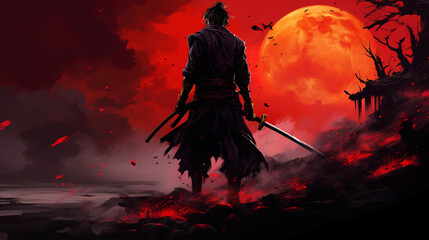 Silhouette of a samurai posing on the moon background. Warrior sword in silhouette art style with 