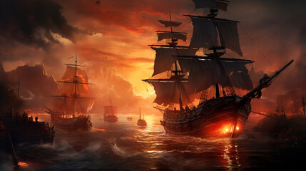 pirates ship sailing on the sea - obrazy, fototapety, plakaty