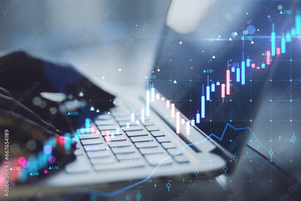 Poster Close up of hands using laptop keyboard with glowing candlestick forex chart on blurry background. Trade, finance and growing market concept. Double exposure.