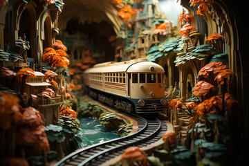 A toy train emerging from a tunnel cut into a cardboard mountain, part of an imaginative diorama.
