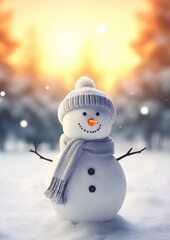 Happy smilling snowman with white snowing winter ladscape. Generative Ai.