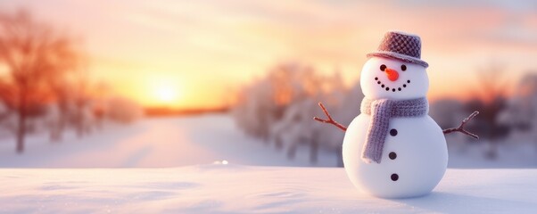 Happy smilling snowman with white snowing winter ladscape, panorama banner. Generative Ai.