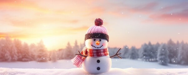 Happy smilling snowman with white snowing winter ladscape, panorama banner. Generative Ai.