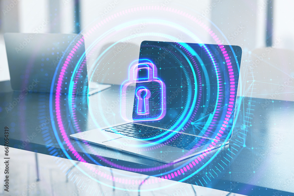 Poster Close up of laptop on desktop with digital round polygonal padlock button on blurry background. Secure, safety and web protection concept. Double exposure.