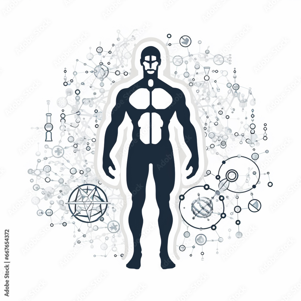 Poster a line art icon of human growth hormone (hgh), using specific chemical structures and symbols.