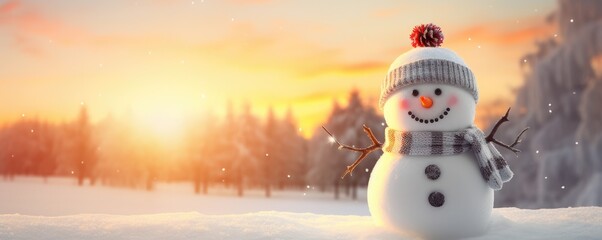 Fototapeta premium Happy smilling snowman with white snowing winter ladscape, panorama banner. Generative Ai.