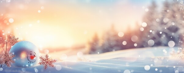 Fototapeta na wymiar Happy smilling snowman with white snowing winter ladscape, panorama banner. Generative Ai.
