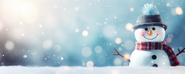 Fototapeta premium Happy smilling snowman with white snowing winter ladscape, panorama banner. Generative Ai.