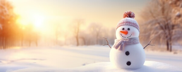 Fototapeta premium Happy smilling snowman with white snowing winter ladscape, panorama banner. Generative Ai.