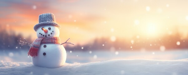 Happy smilling snowman with white snowing winter ladscape, panorama banner. Generative Ai.