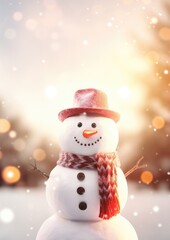 Happy smilling snowman with white snowing winter ladscape. Generative Ai.