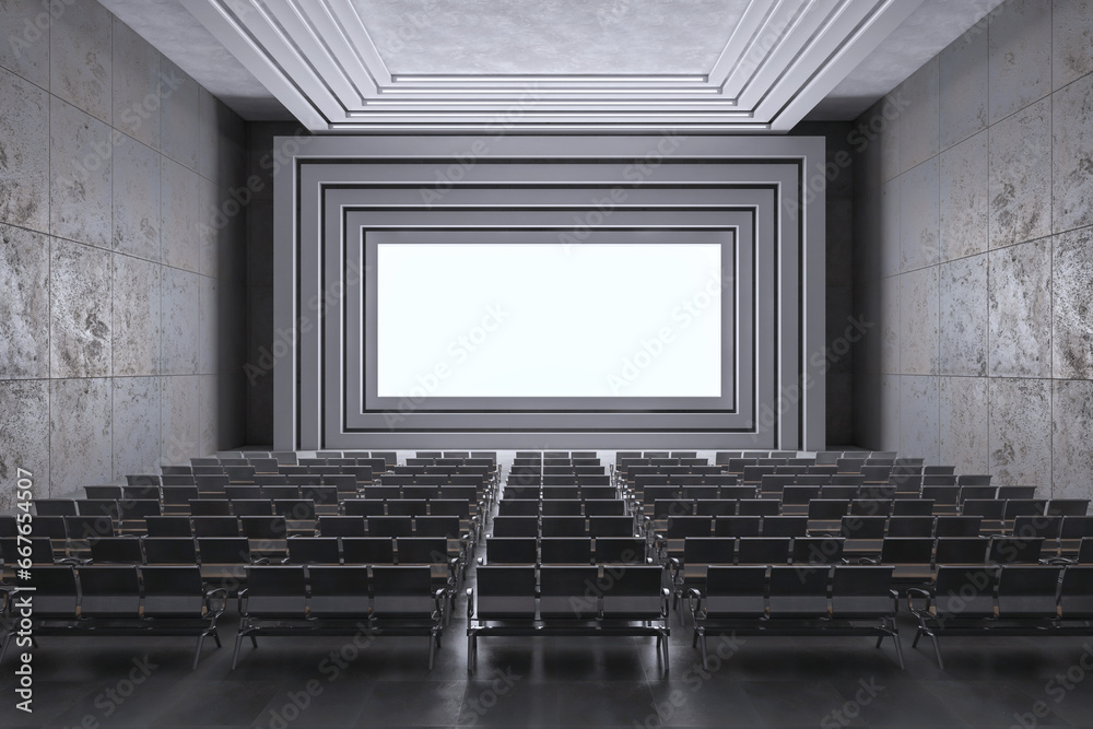 Poster clean cinema interior with mock up place on white screen and seats. 3d rendering.