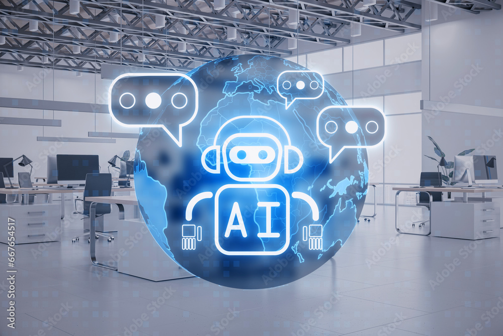 Poster creative glowing robot and globe ai hologram on blurry office interior background. machine learning,