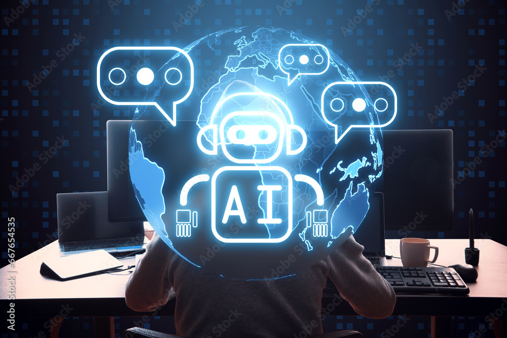 Poster Back view of hacker using computers at desk with creative glowing robot and globe ai hologram on blurry background. Machine learning, artificial intelligence and innovation concept.