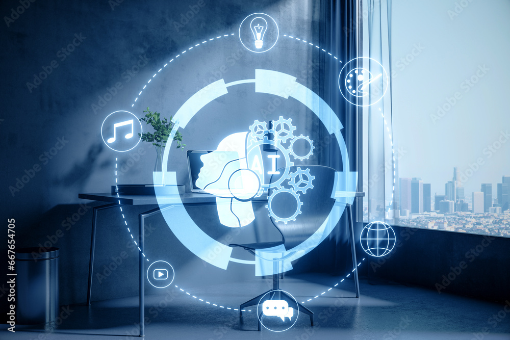 Poster creative glowing round head outline ai hologram on blurry office interior background with city view.