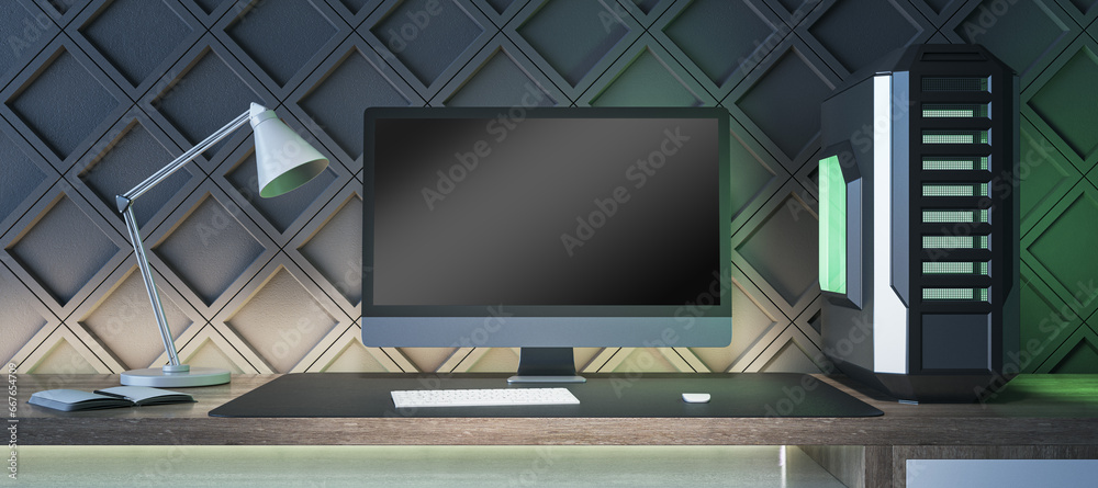 Poster Creative gamers desktop with empty computer display, lamp and system unit on decorative black wall background. Gaming concept. Mock up, 3D Rendering.