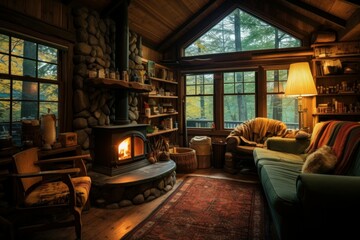 Spacious Cabin home interior. Luxury house. Generate AI