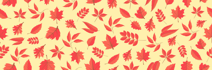 Seamless pattern background for autumn with red tree leafs. Orange autumn leaves background. Seamless pattern with autumn leaves. Autumn pattern with leaves