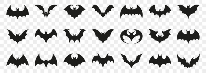 Bat silhouette isolated on a transparent background. Bat silhouette collection for Halloween design. Bat icons. Set of black bats logo, silhouette