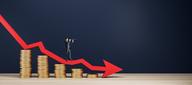 Businessman with telescope standing on abstract falling golden coins chart with blue downward arrow in dark interior. Financial loss forecast and failure concept.